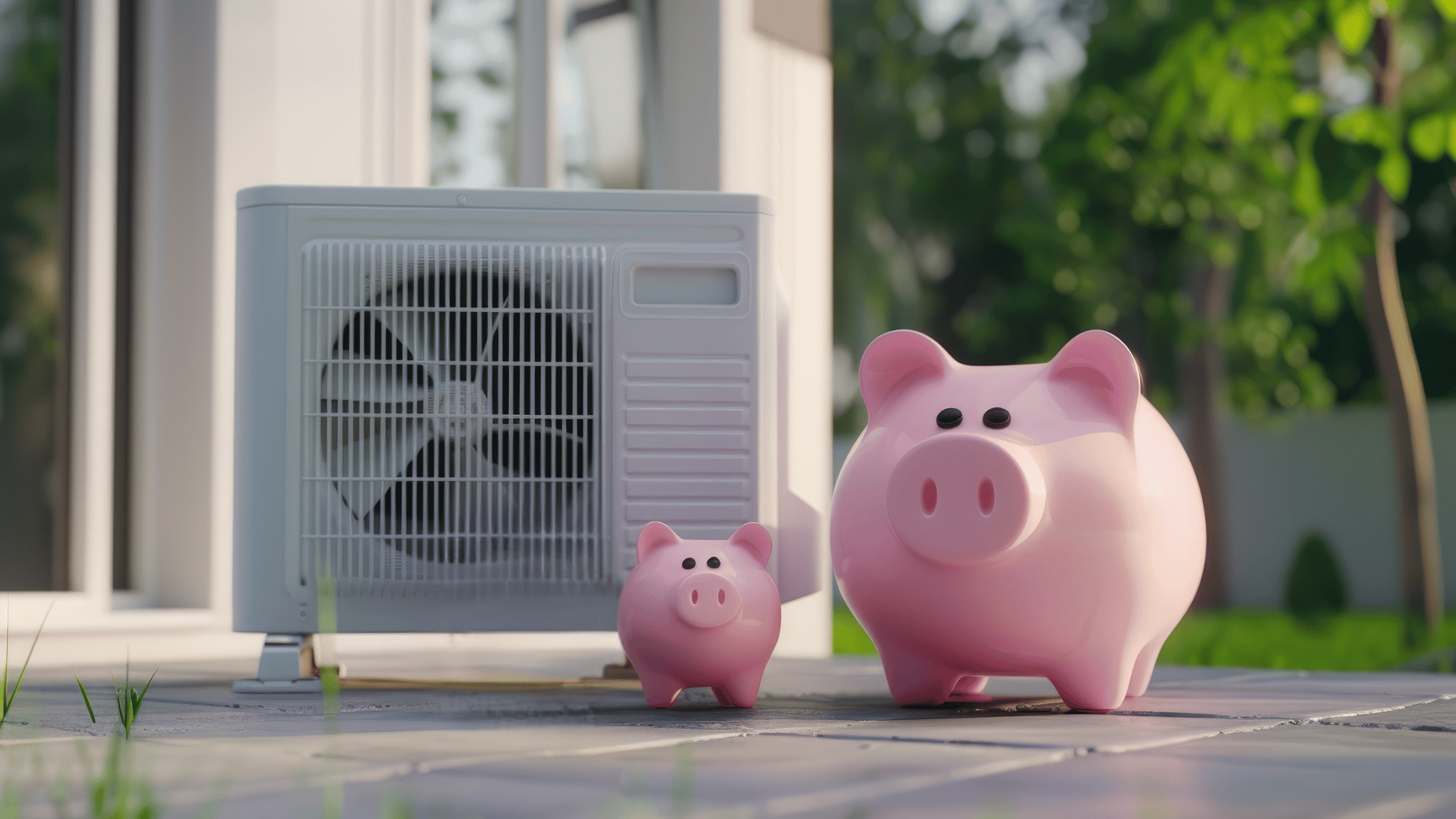 floor-mounted heat pump ready for installation with little pigs representing subsidies