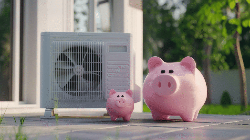 thermopompe sur le sol prête à être installée avec petits cochons qui représentent des subventions