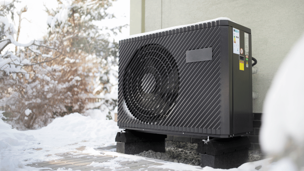 thermopompe écoénergétique installé près du mur extérieur de la maison l'hiver