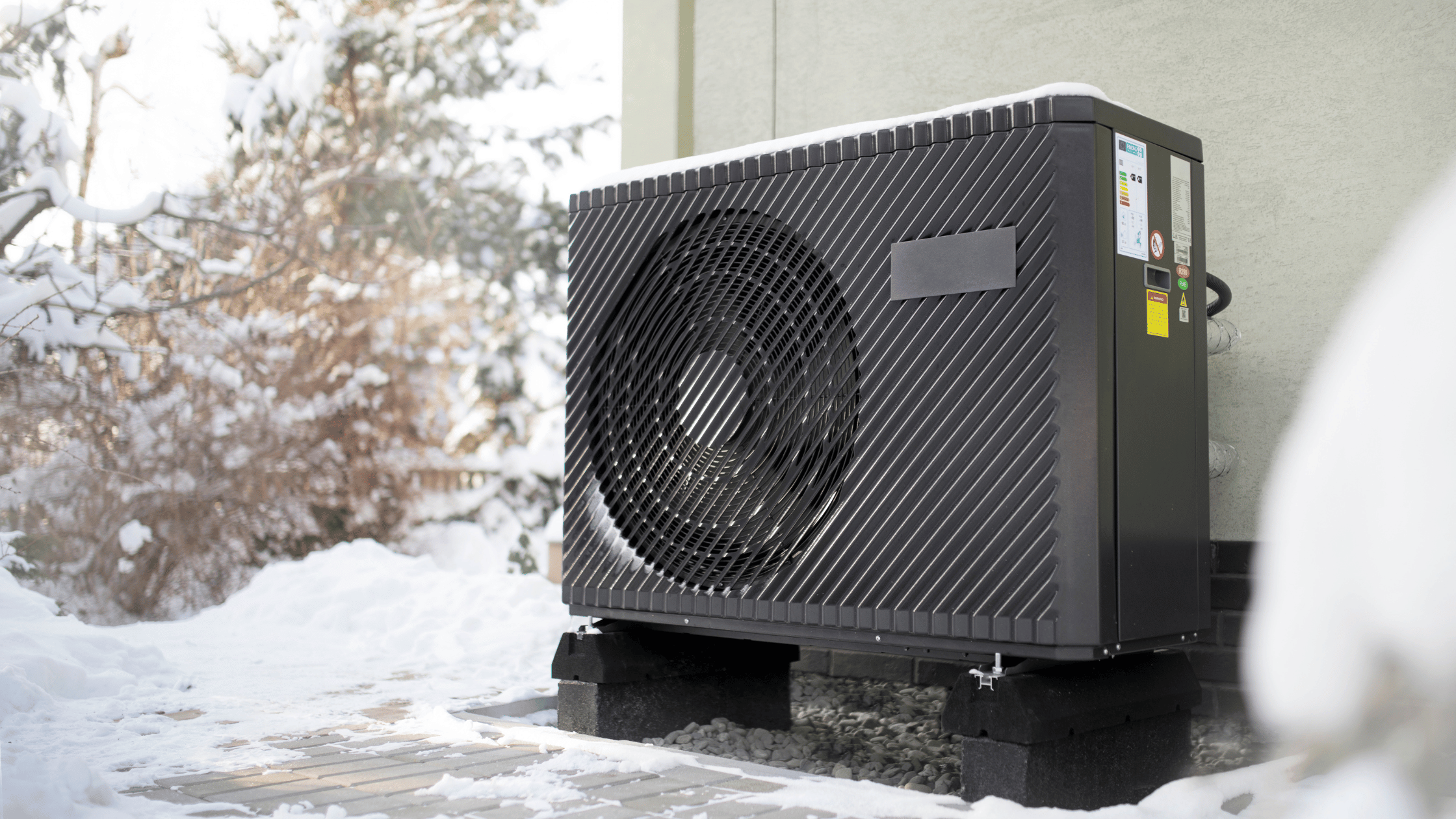 energy-efficient heat pump installed near the house in winter