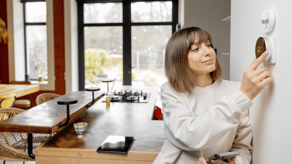 Young woman turning up the house temperature on her smart thermostat
