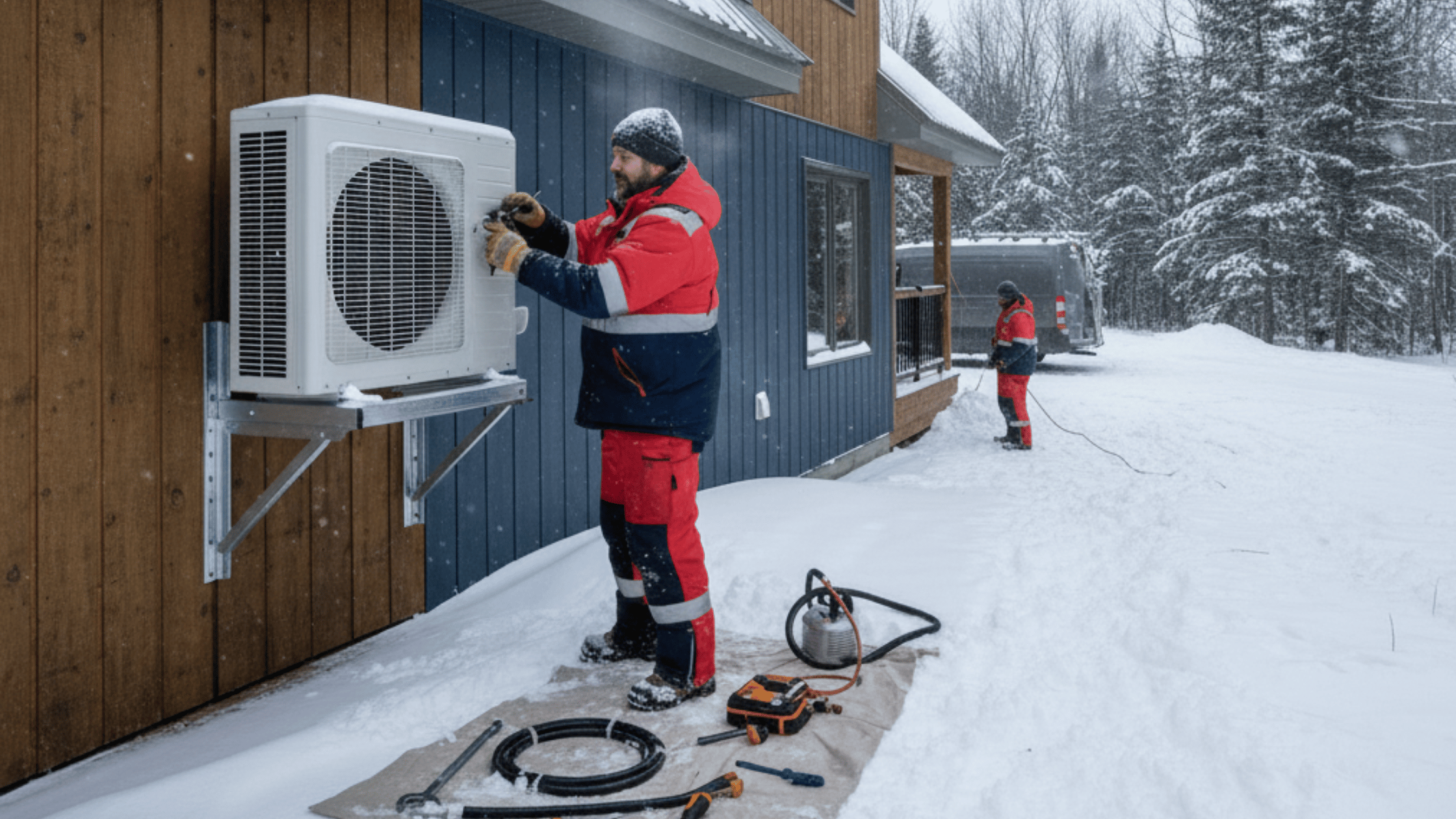 Technician installs a heat pump on a house in Quebec in winter near Montreal