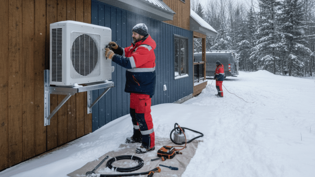 Technicien installe une thermopompe sur une maison au Québec en hiver près de Montréal