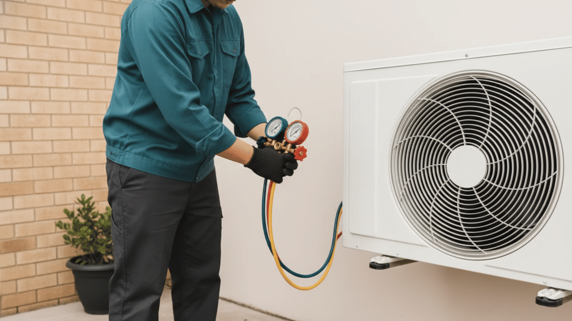 Technicien qui effectue l'entretien d'une thermopompe