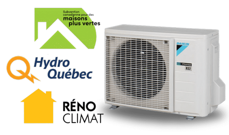Logos des programmes Hydro-Québec, Rénoclimat et maisons plus vertes avec une thermopompe Daikin
